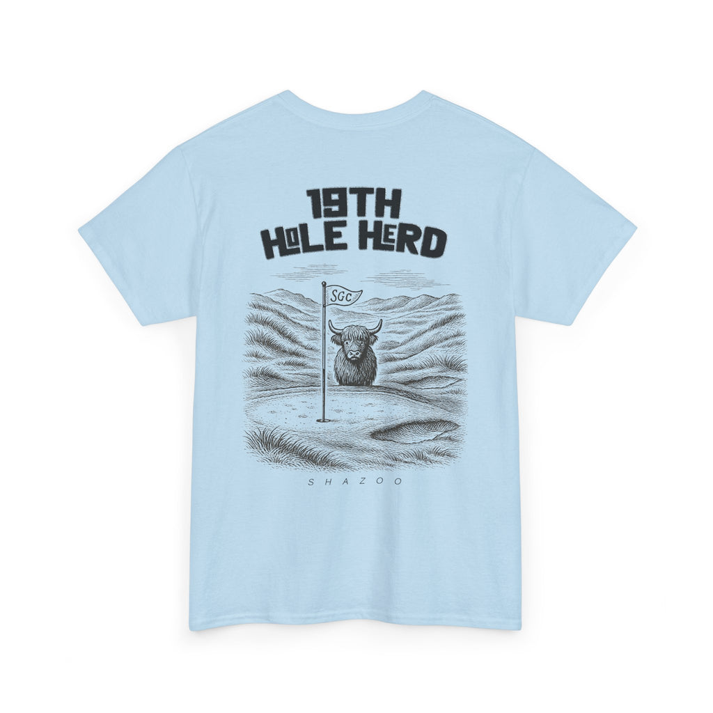 Light blue t-shirt with graphic design and text on a white background