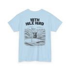 Light blue t-shirt with graphic design and text on a white background