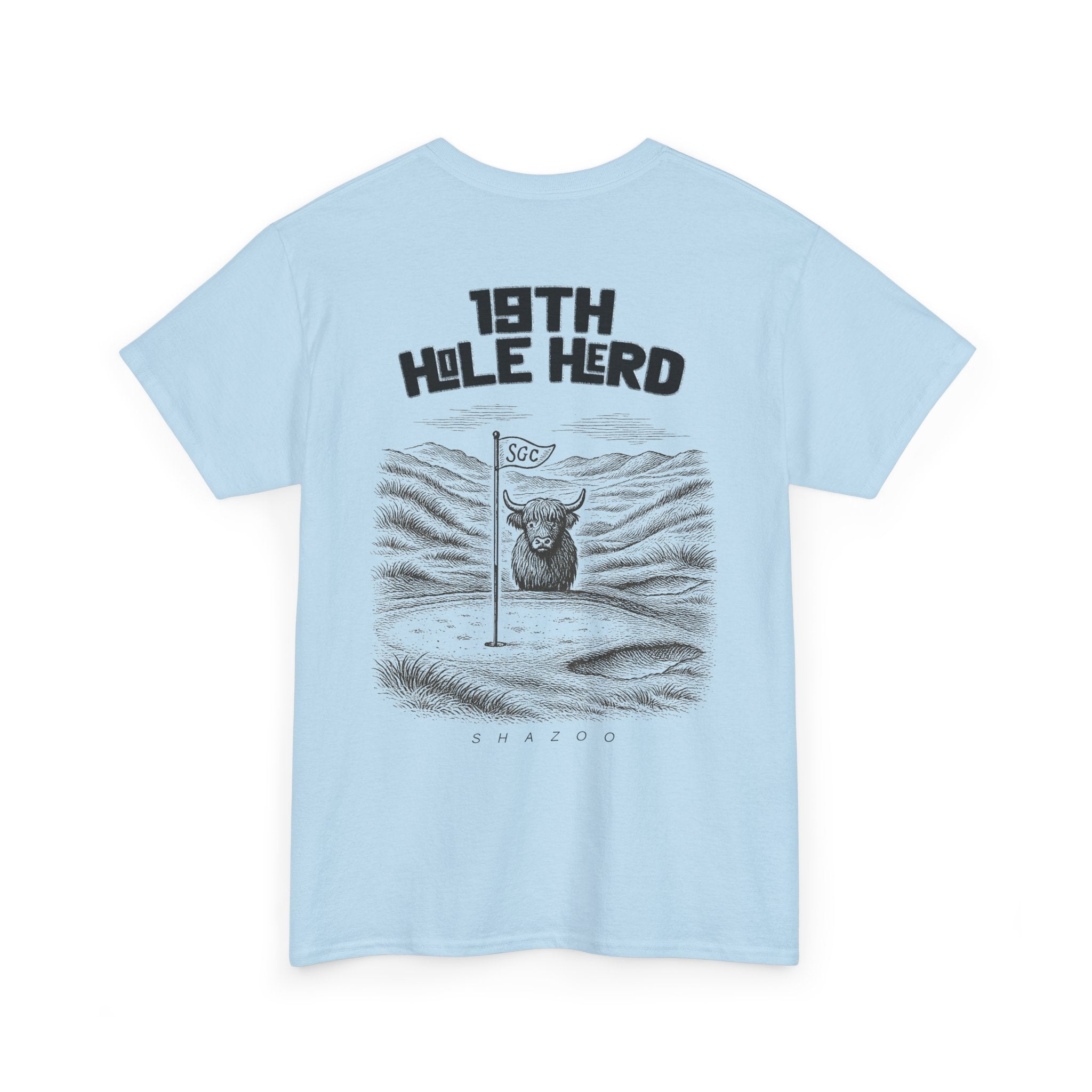 Light blue t-shirt with graphic design and text on a white background