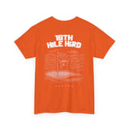 Orange t-shirt with '18th Hole Herd' graphic on a white background