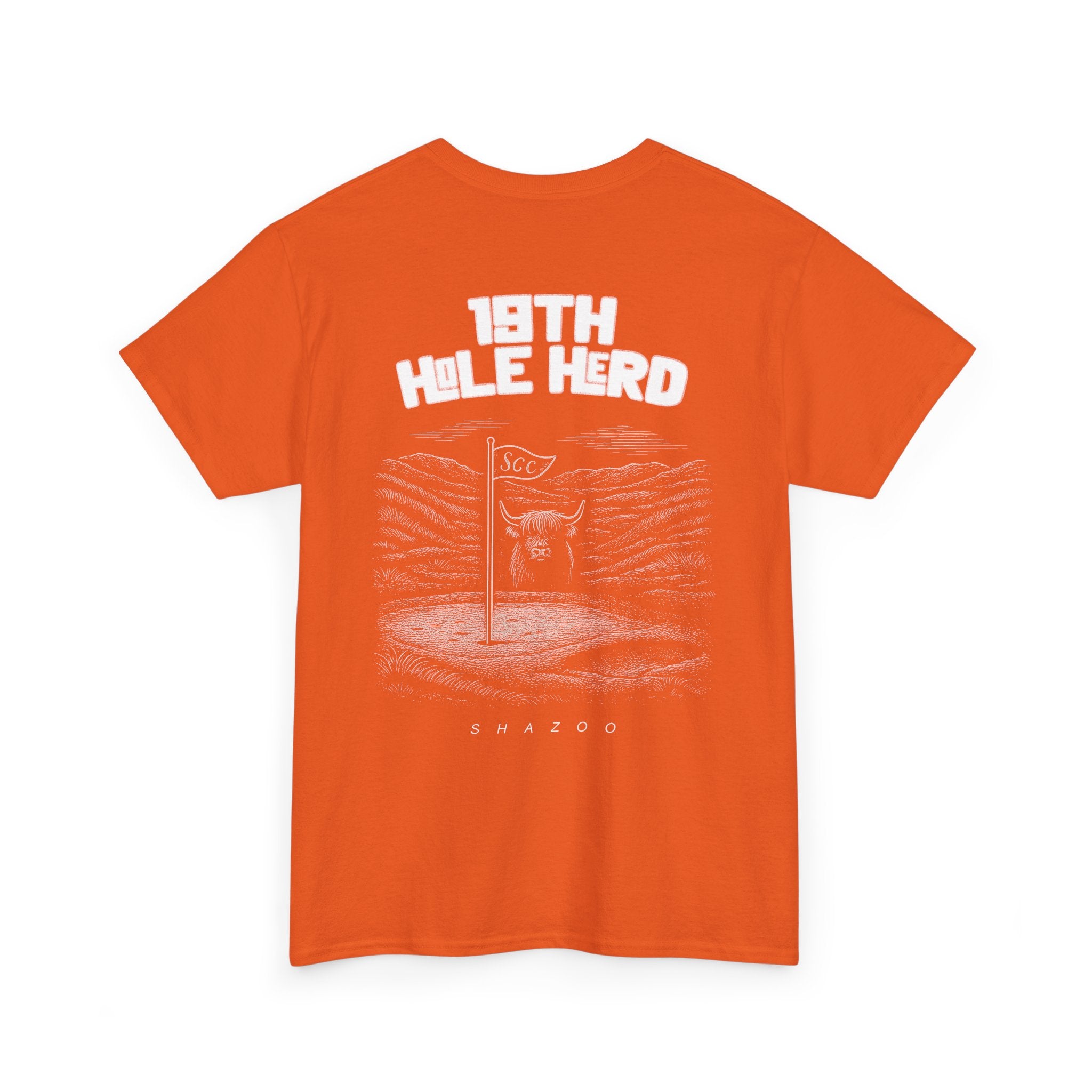 Orange t-shirt with '18th Hole Herd' graphic on a white background