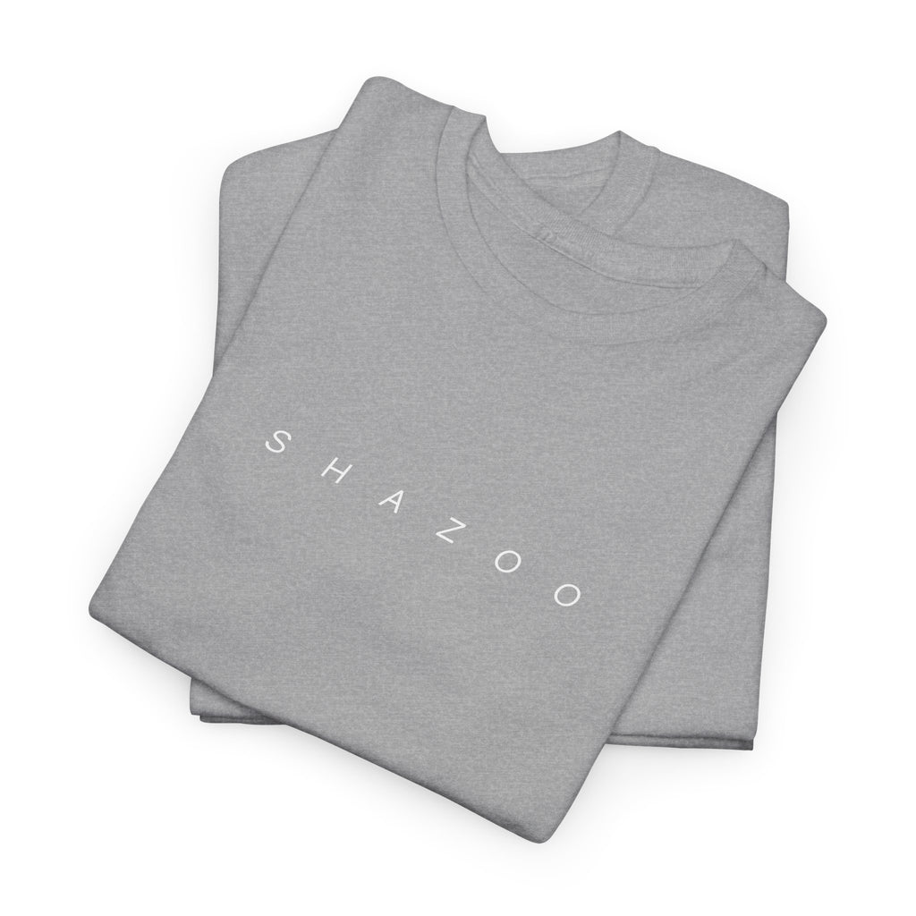 Folded gray t-shirt with 'SHAZZOO' text on a white background