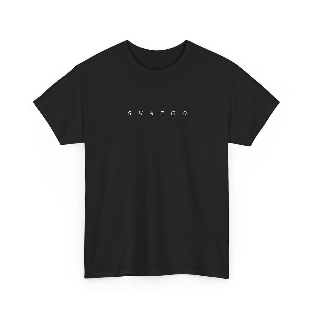 Black t-shirt with 'SHAZOO' text on a white background