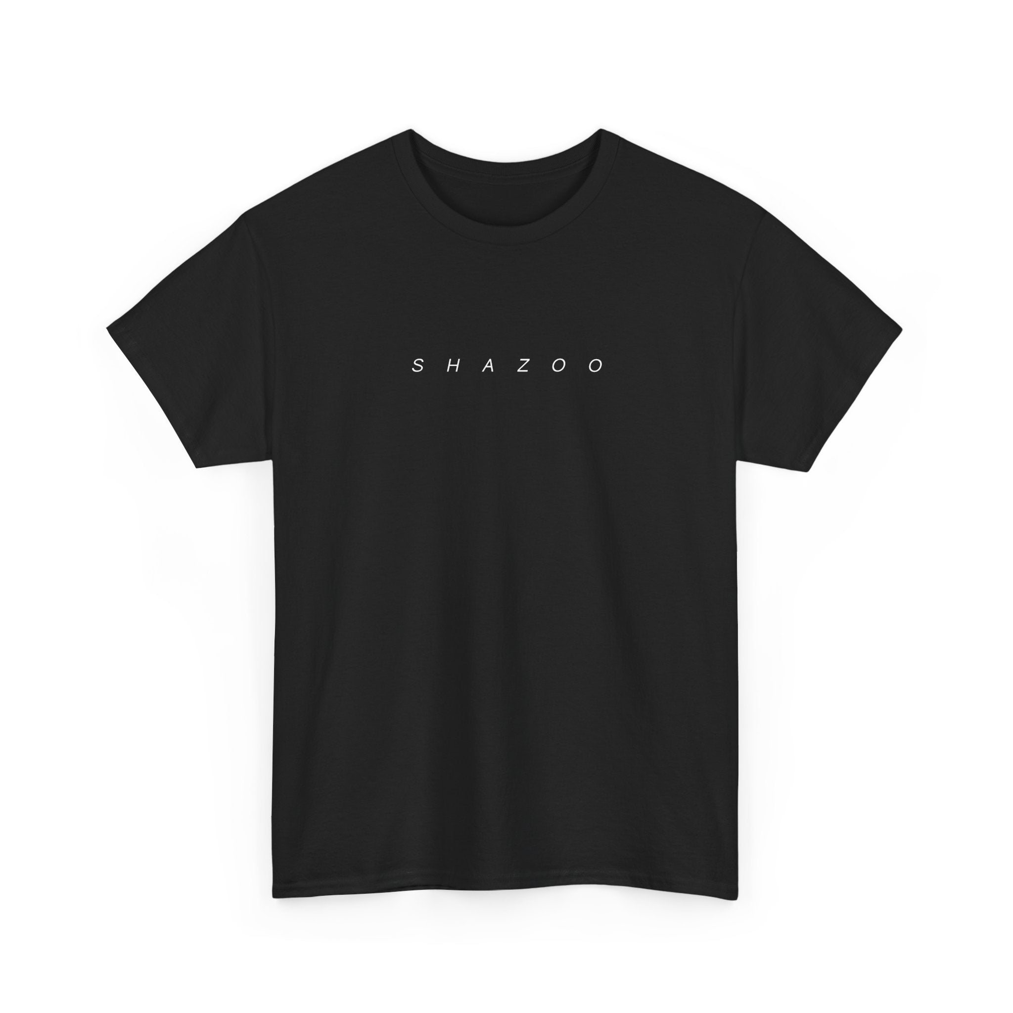 Black t-shirt with 'SHAZOO' text on a white background