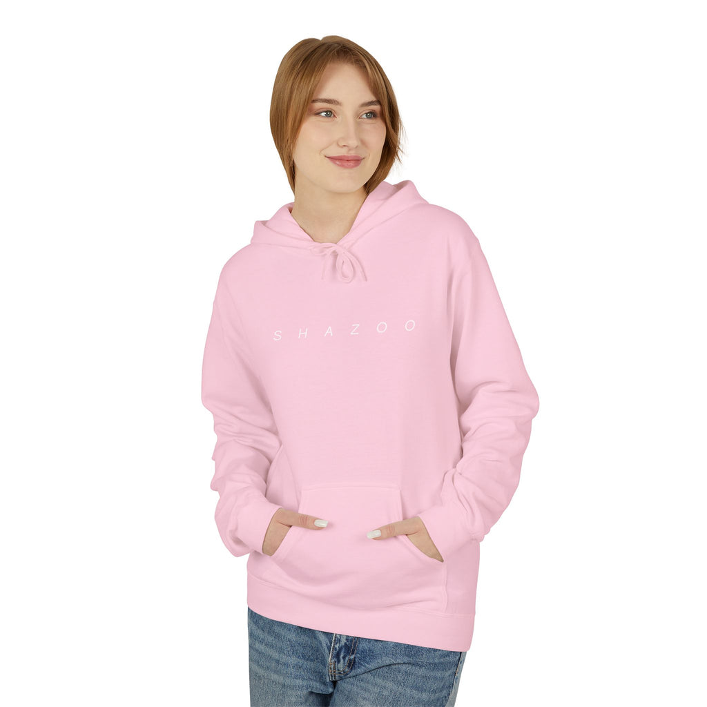 Person wearing a pink hoodie with 'Shazoo' branding on a white background