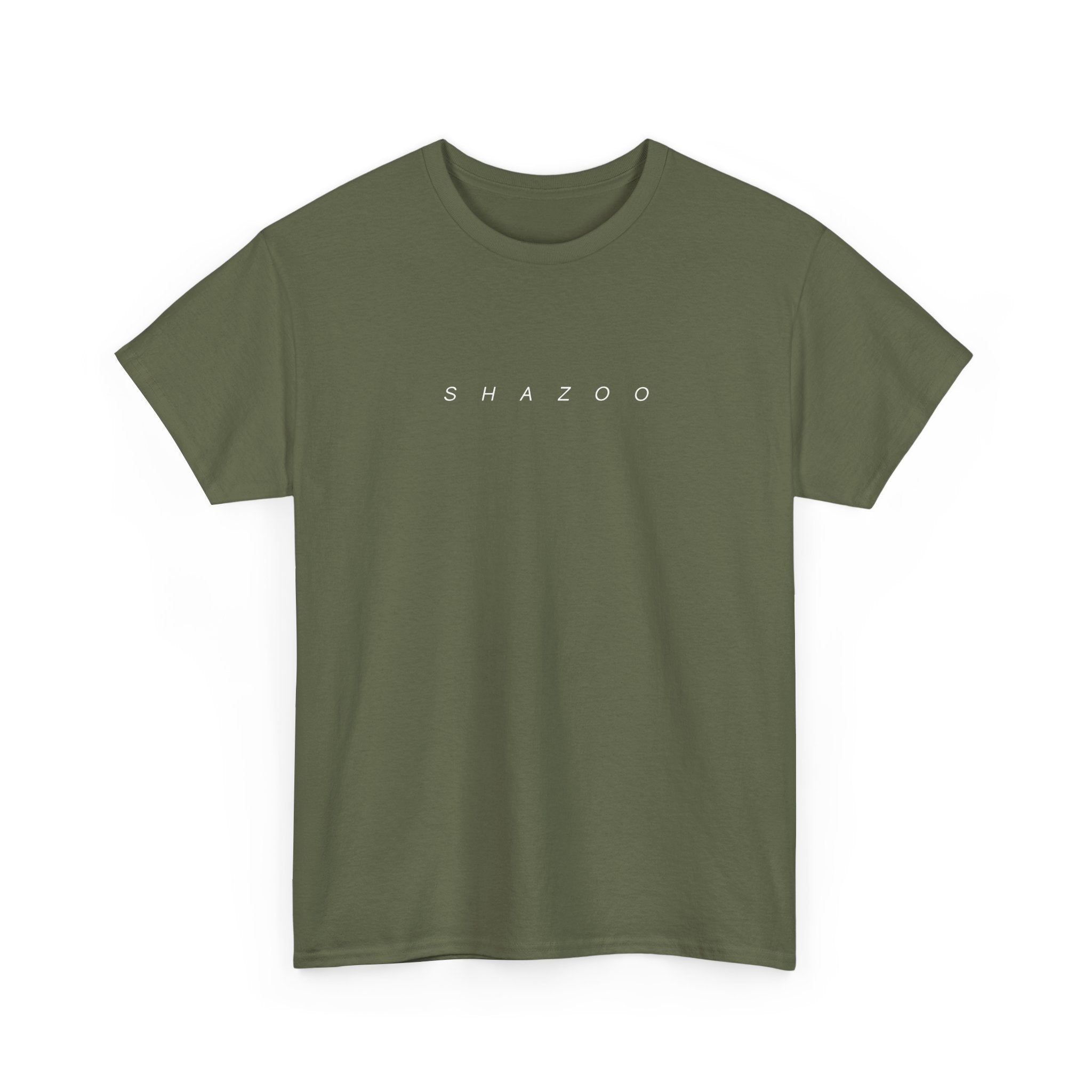 Green t-shirt with 'SHAZOO' text on a white background