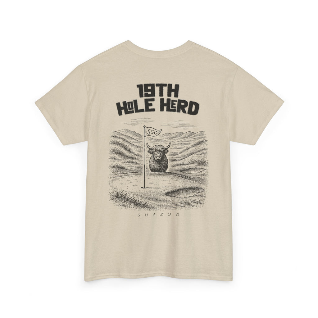 Beige t-shirt with '19th Hole Herd' graphic and bull illustration on a white background
