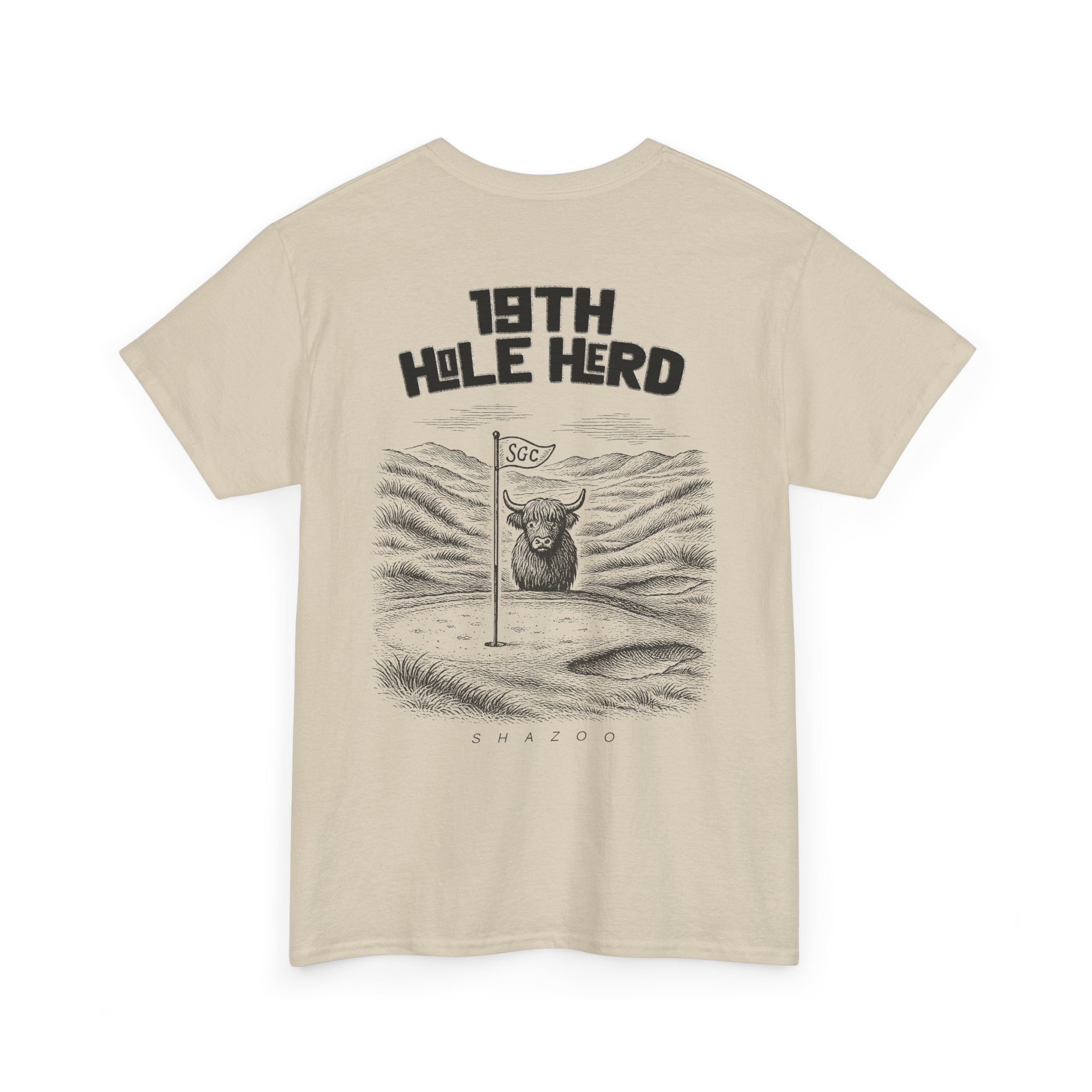 Beige t-shirt with '19th Hole Herd' graphic and bull illustration on a white background