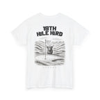 White t-shirt with black graphic design and text on a white background