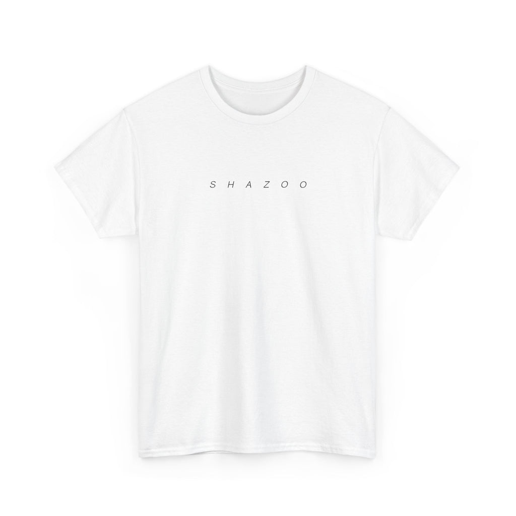 White t-shirt with 'SHAZOO' logo on a white background