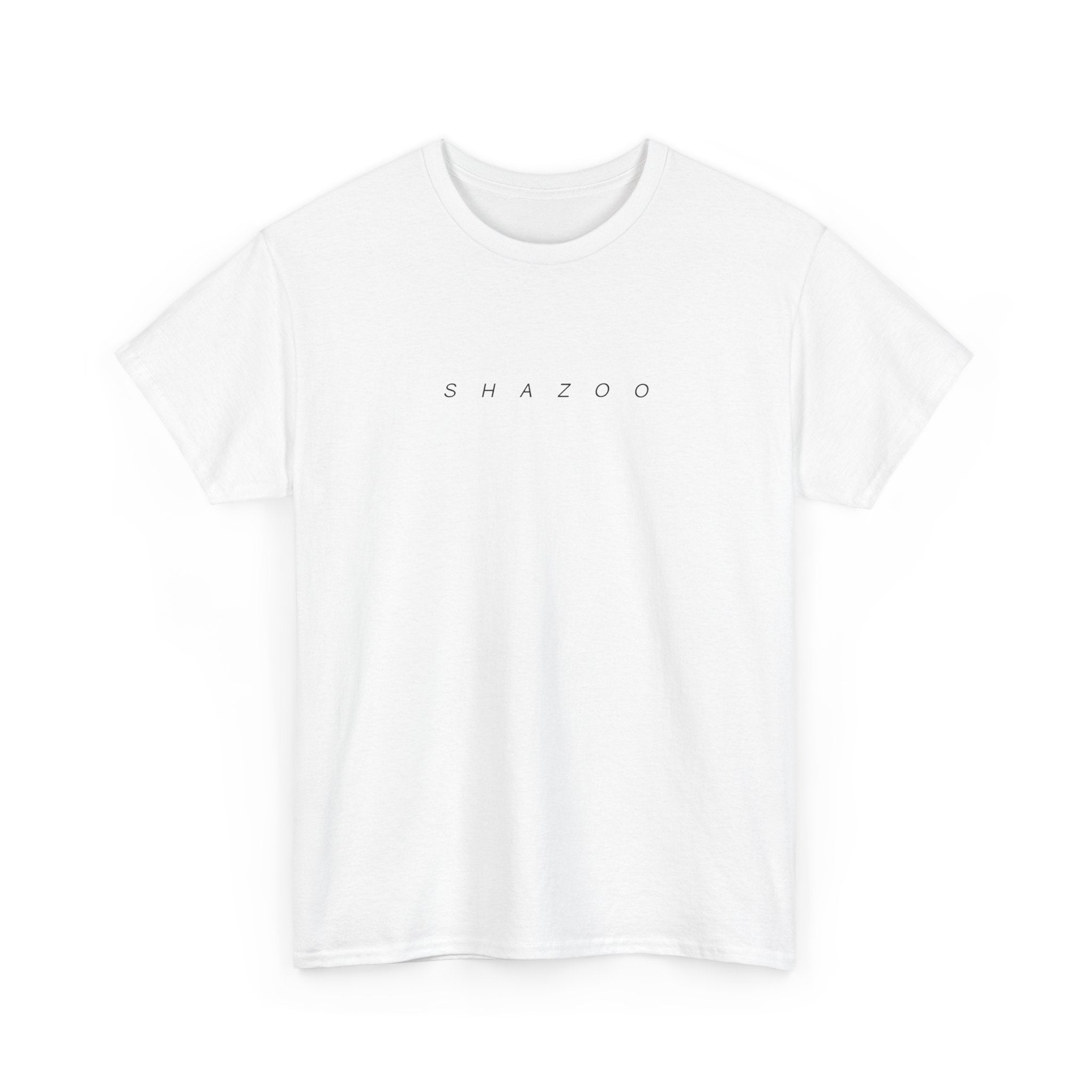 White t-shirt with 'SHAZOO' logo on a white background