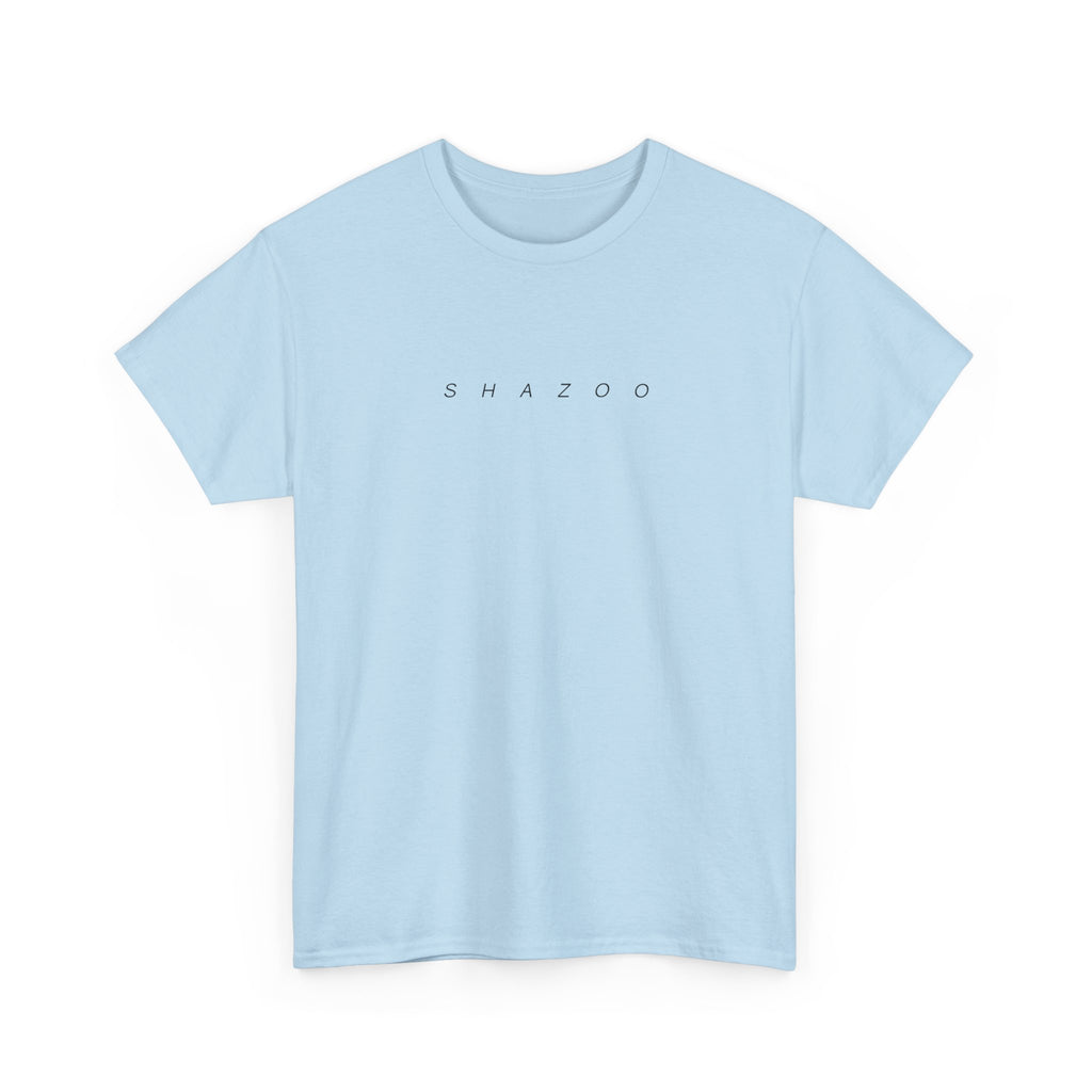 Light blue t-shirt with 'SHAZOO' text on a white background