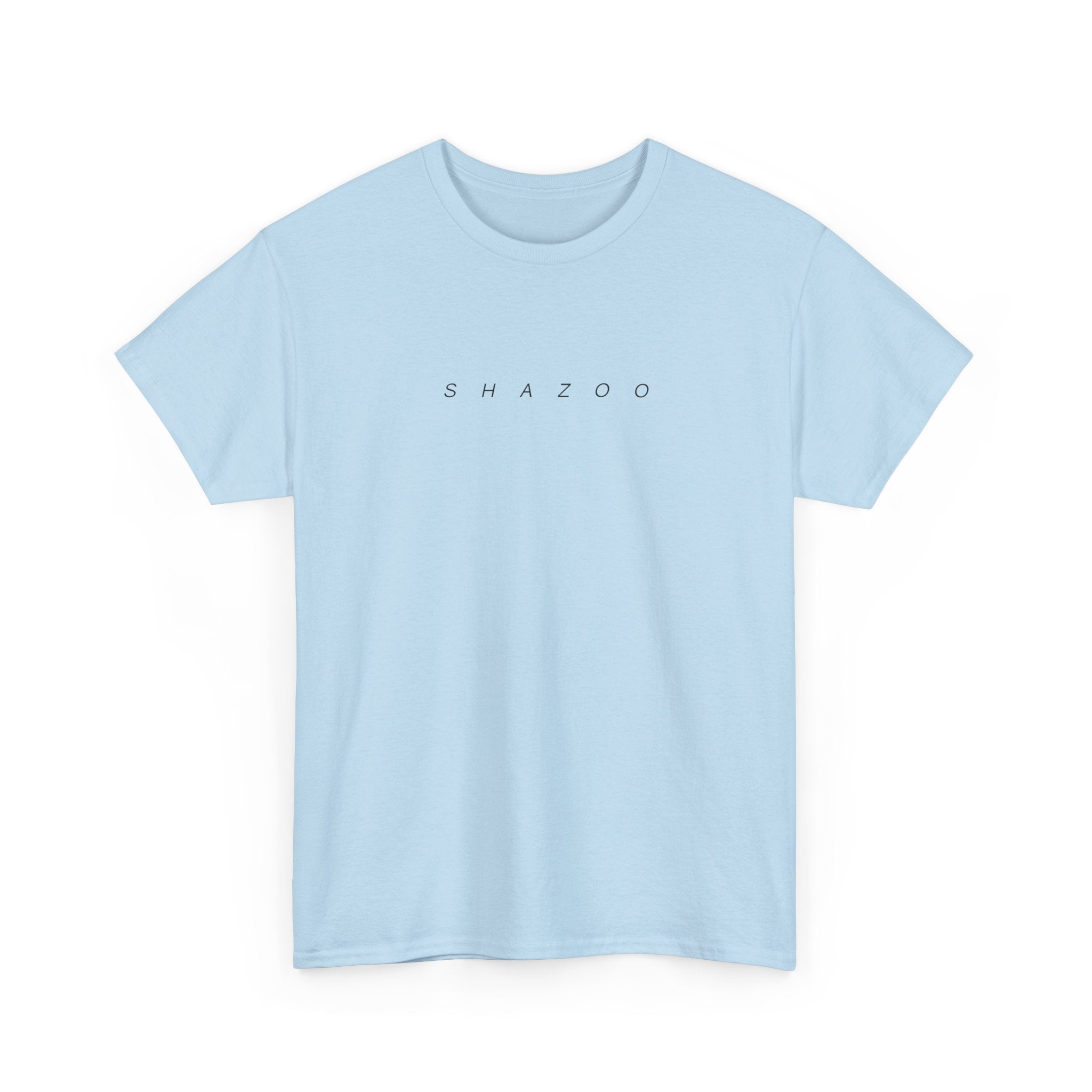Light blue t-shirt with 'SHAZOO' text on a white background
