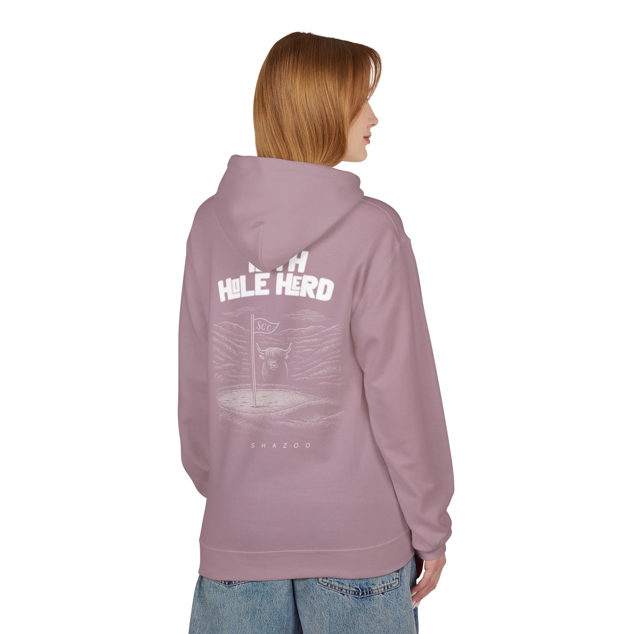 Person wearing a purple hoodie with '19th hole herd' branding on the back, standing against a white background.