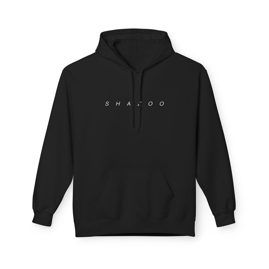 Black hoodie with 'SHAZOO' text on a white background