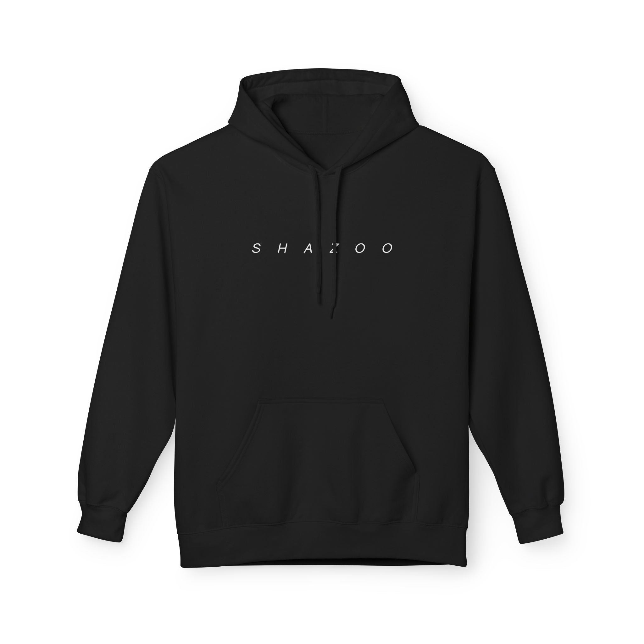 Black hoodie with 'SHAZOO' text on a white background