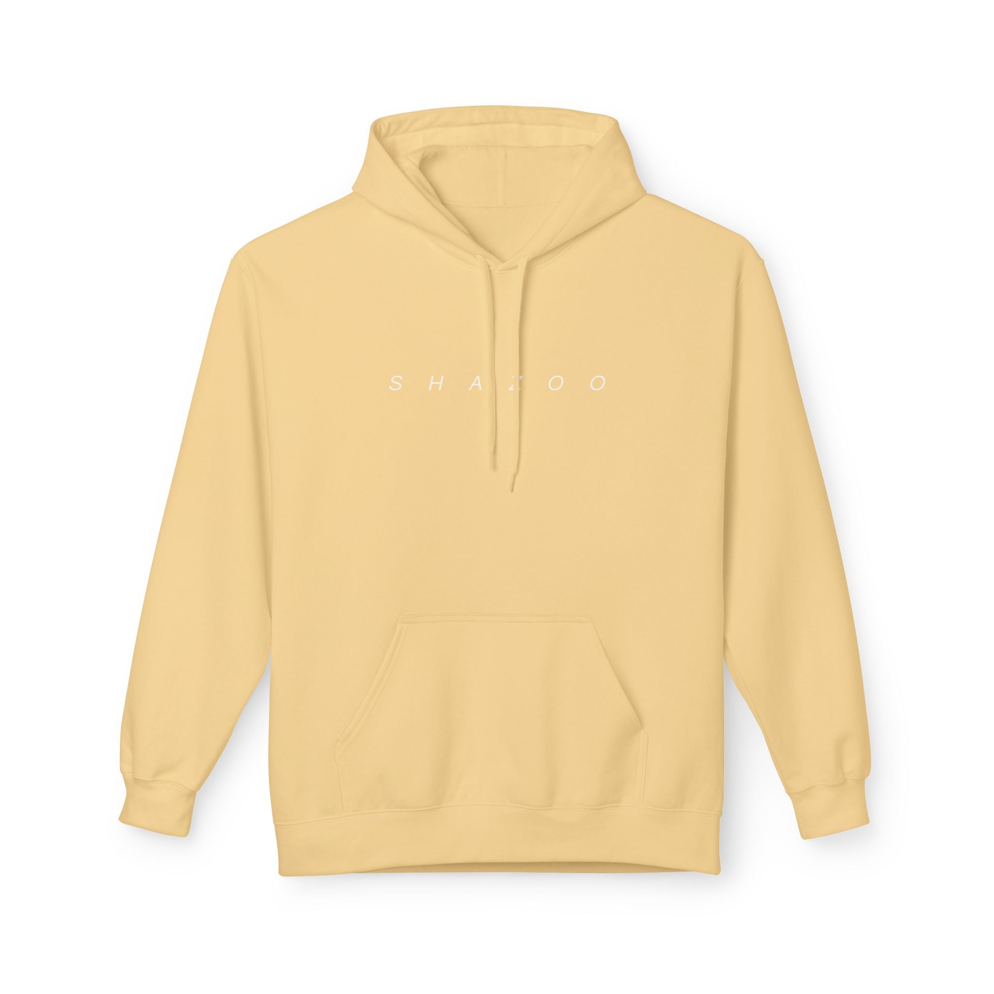 Yellow hoodie with 'SHAZOO' logo on a white background