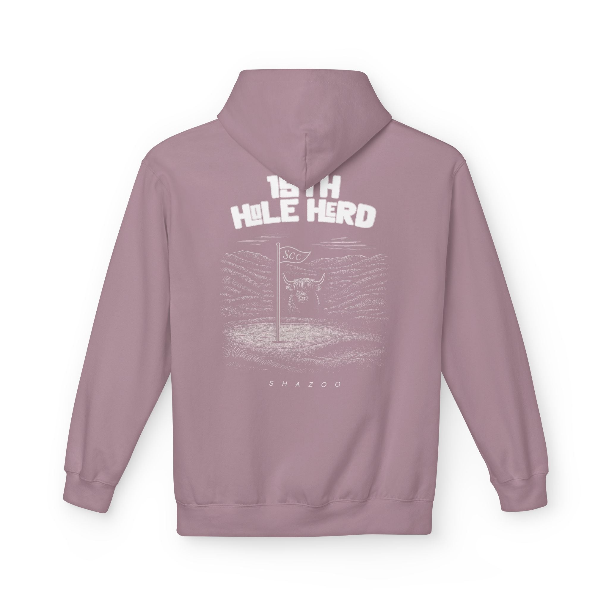 Purple hoodie with '19th Hole Herd' text and graphic on the back, on a white background
