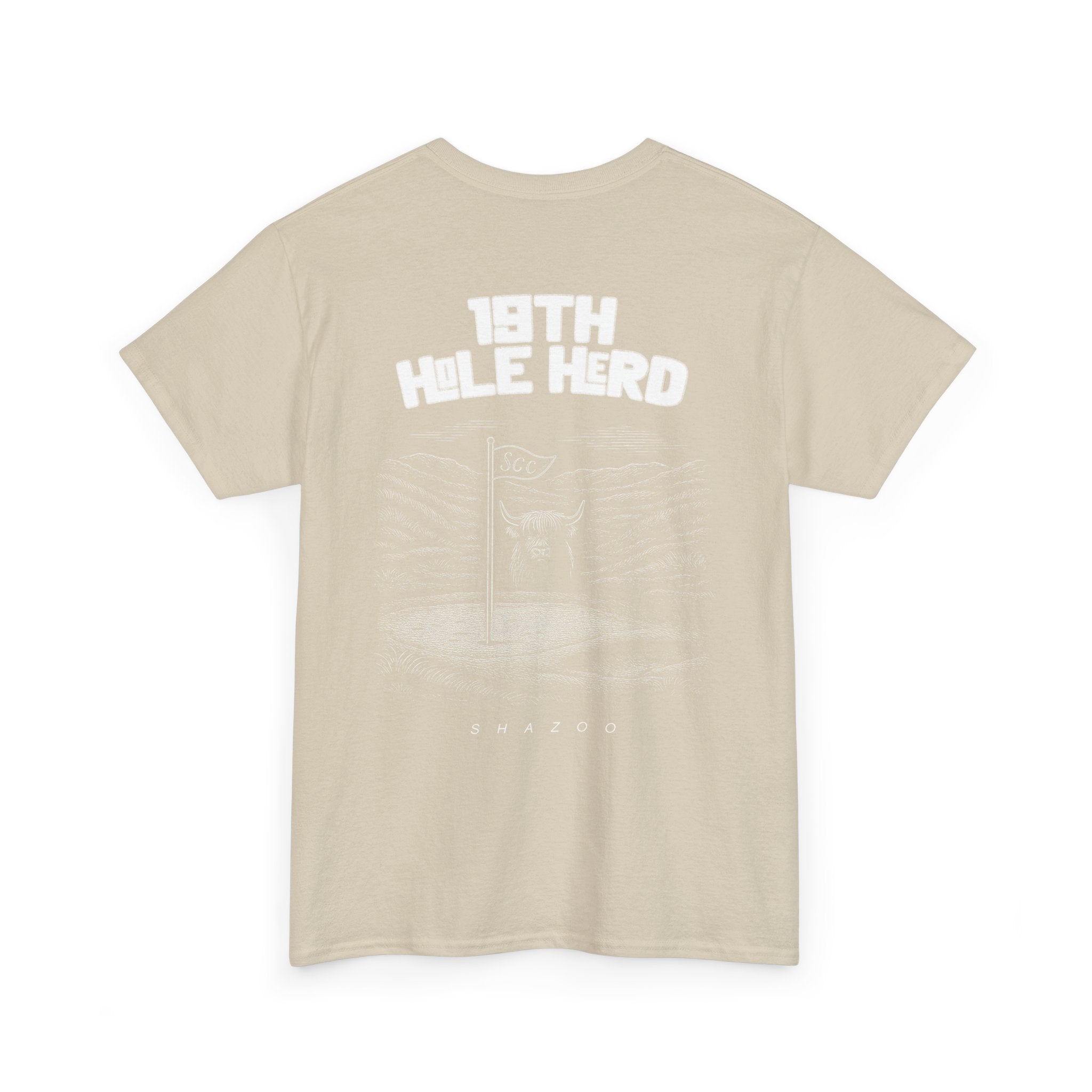 Beige t-shirt with '18th Hole Hero' text on the back against a white background
