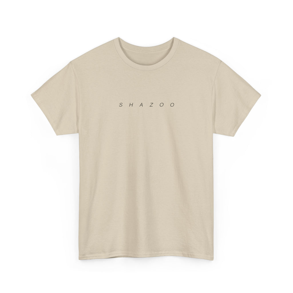 Beige t-shirt with 'SHAZOO' text on a white background