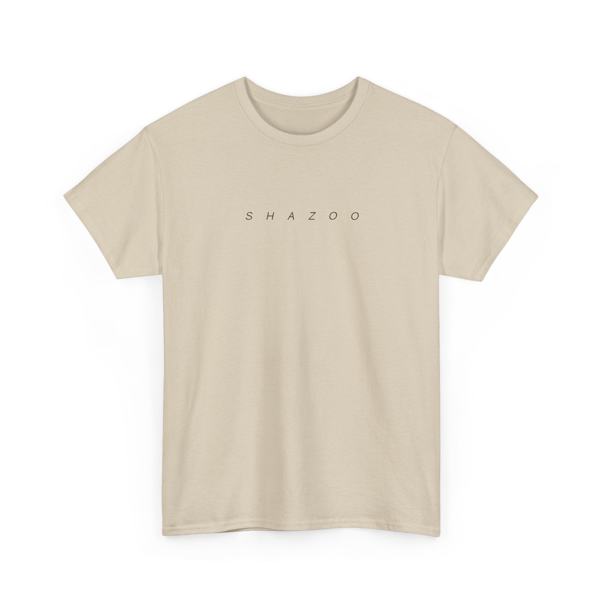 Beige t-shirt with 'SHAZOO' text on a white background