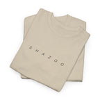 Beige t-shirt with 'SHAZOO' text on a white background
