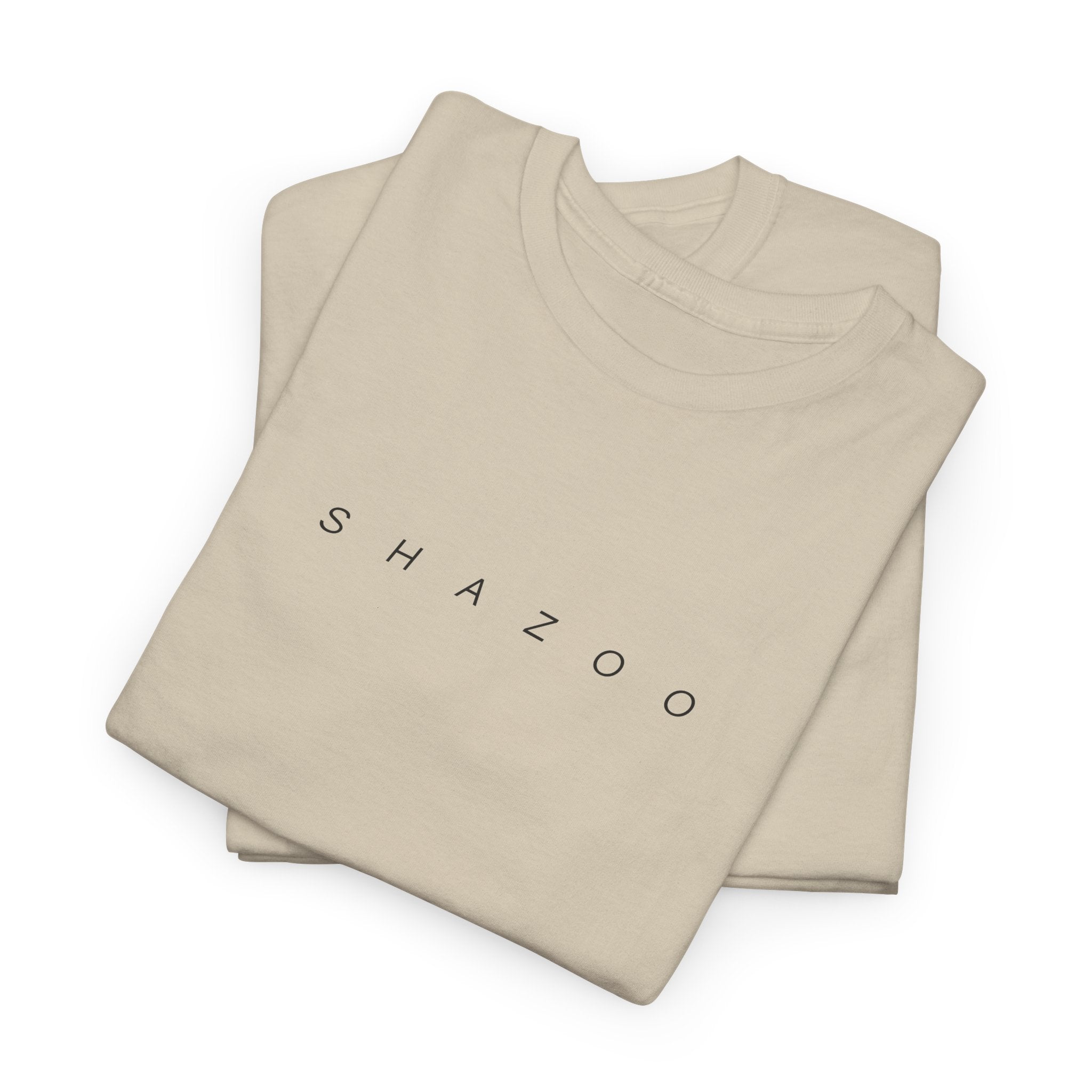 Beige t-shirt with 'SHAZOO' text on a white background
