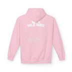 Pink hoodie with text on the back against a white background