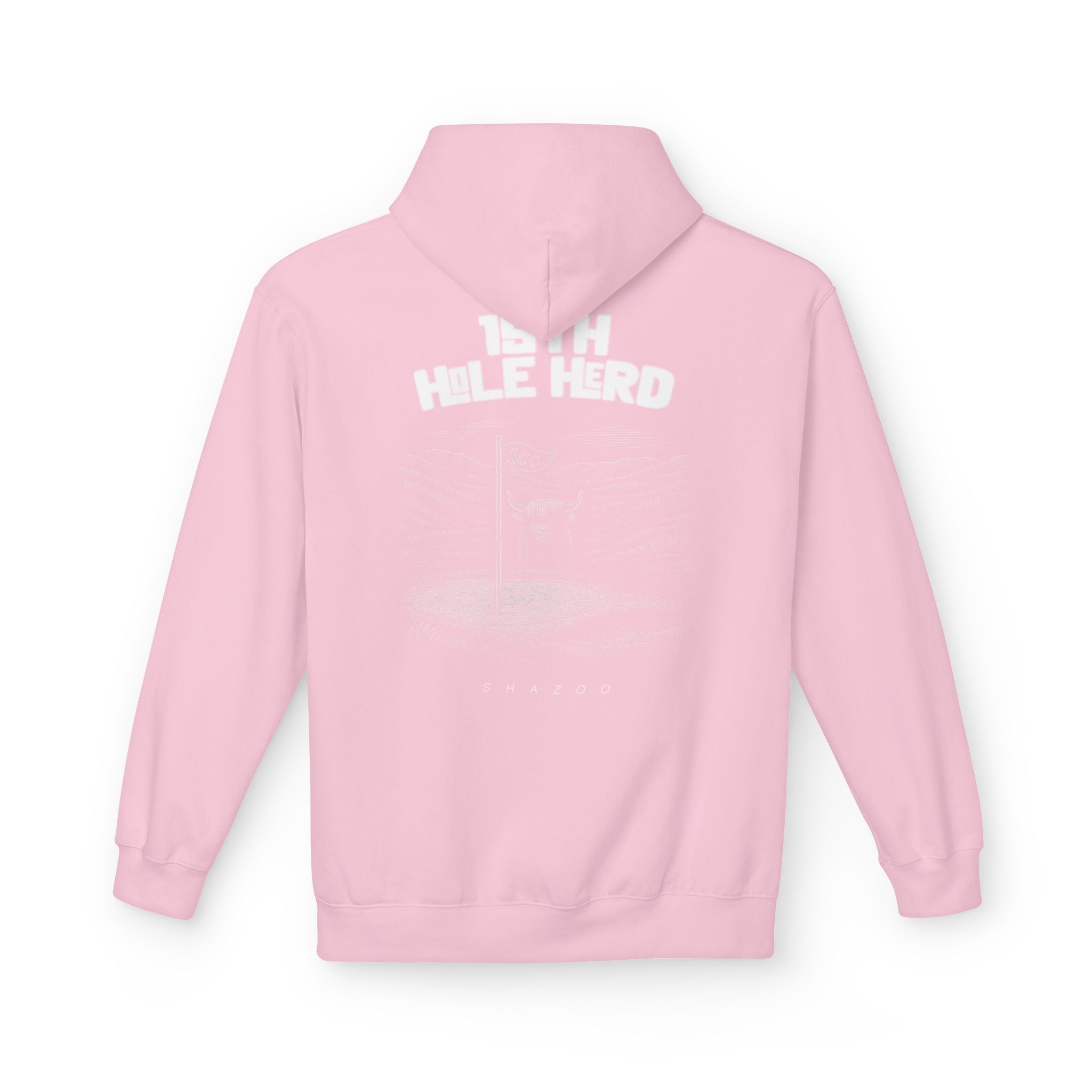 Pink hoodie with text on the back against a white background