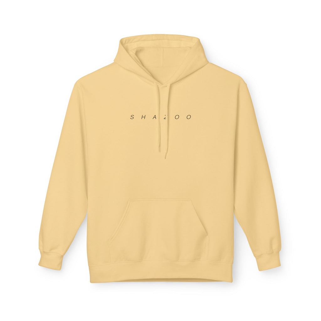 Yellow hoodie with 'SHAZOO' text on a white background