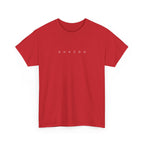 Red t-shirt with 'SHAZZOO' text on a white background