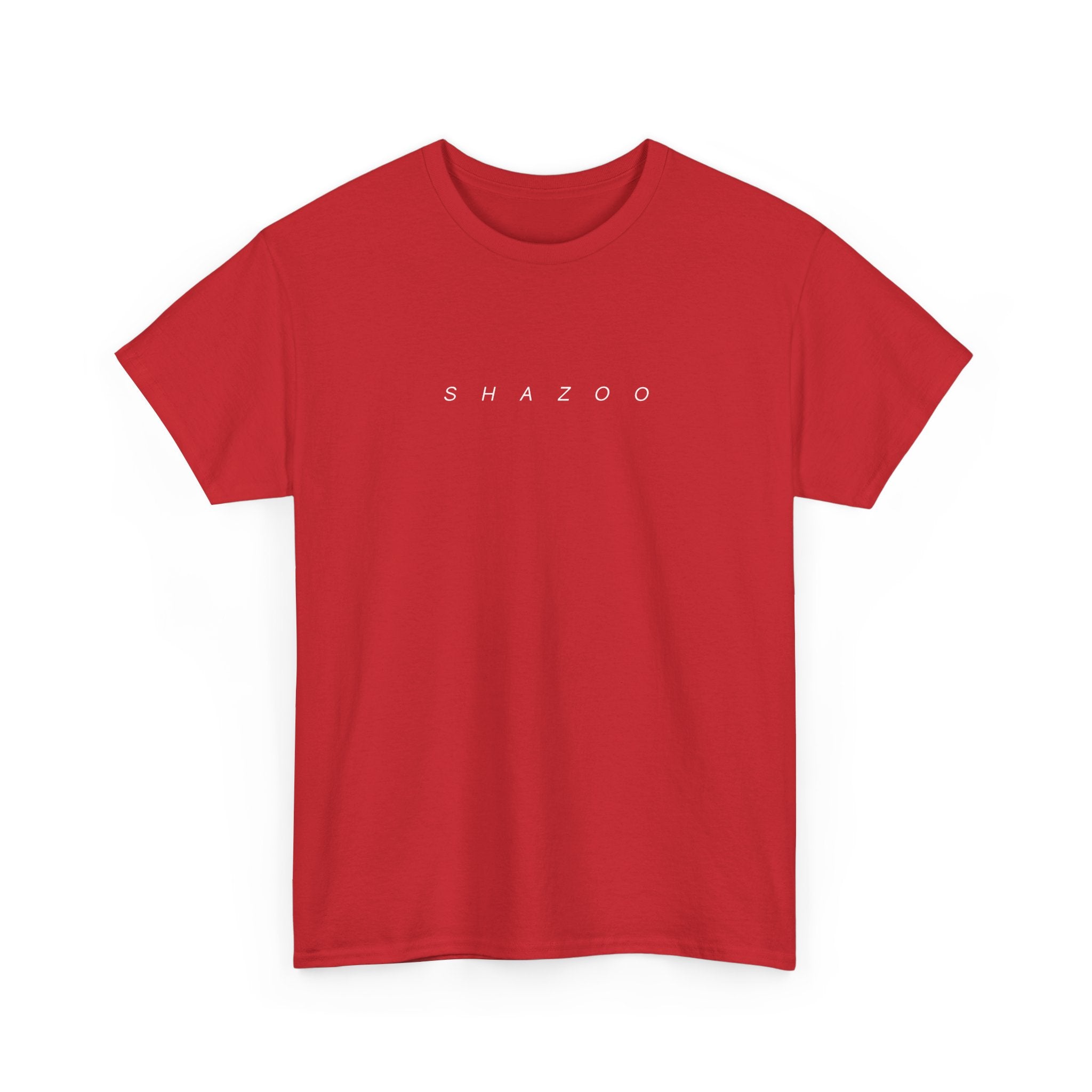 Red t-shirt with 'SHAZZOO' text on a white background