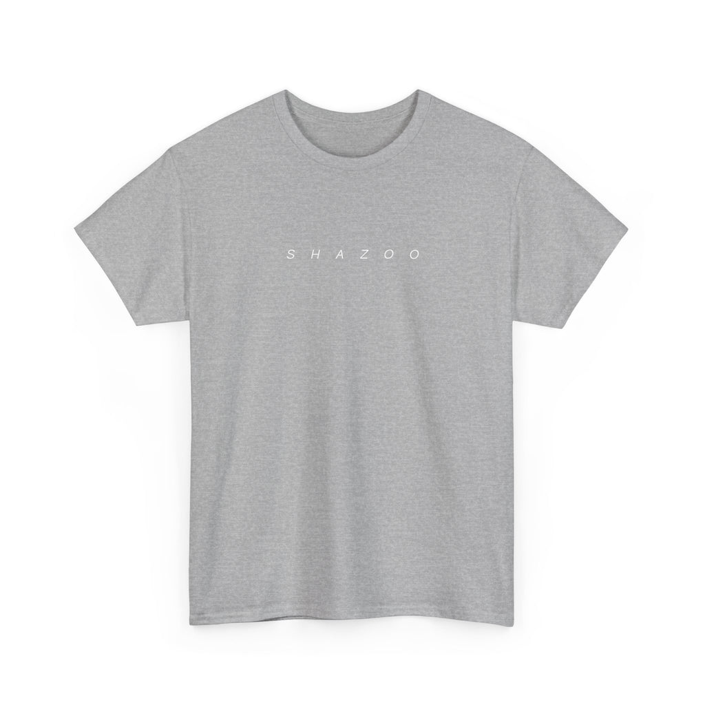 Gray t-shirt with 'SHAZZOO' text on a white background