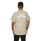 Man wearing a beige t-shirt with '18th Hole Hero' text on the back, standing against a white background