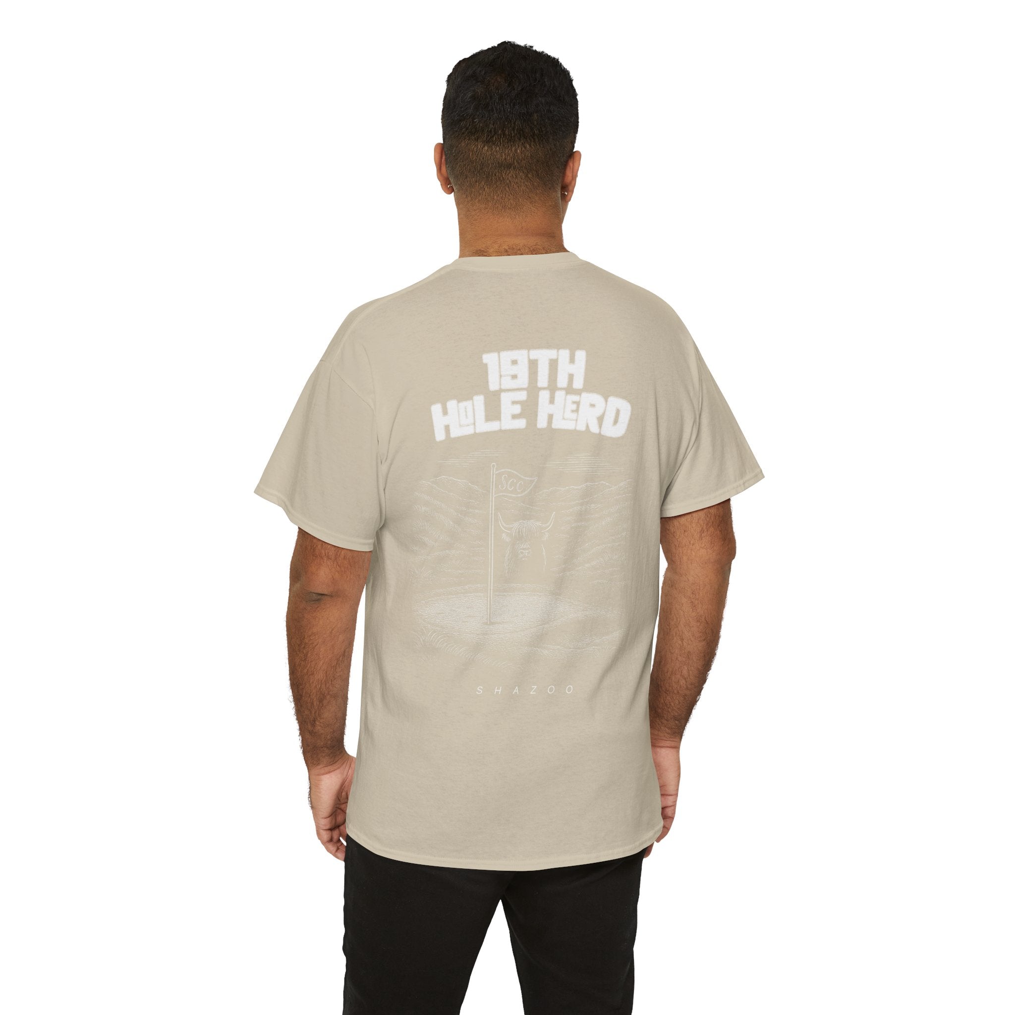 Man wearing a beige t-shirt with '18th Hole Hero' text on the back, standing against a white background