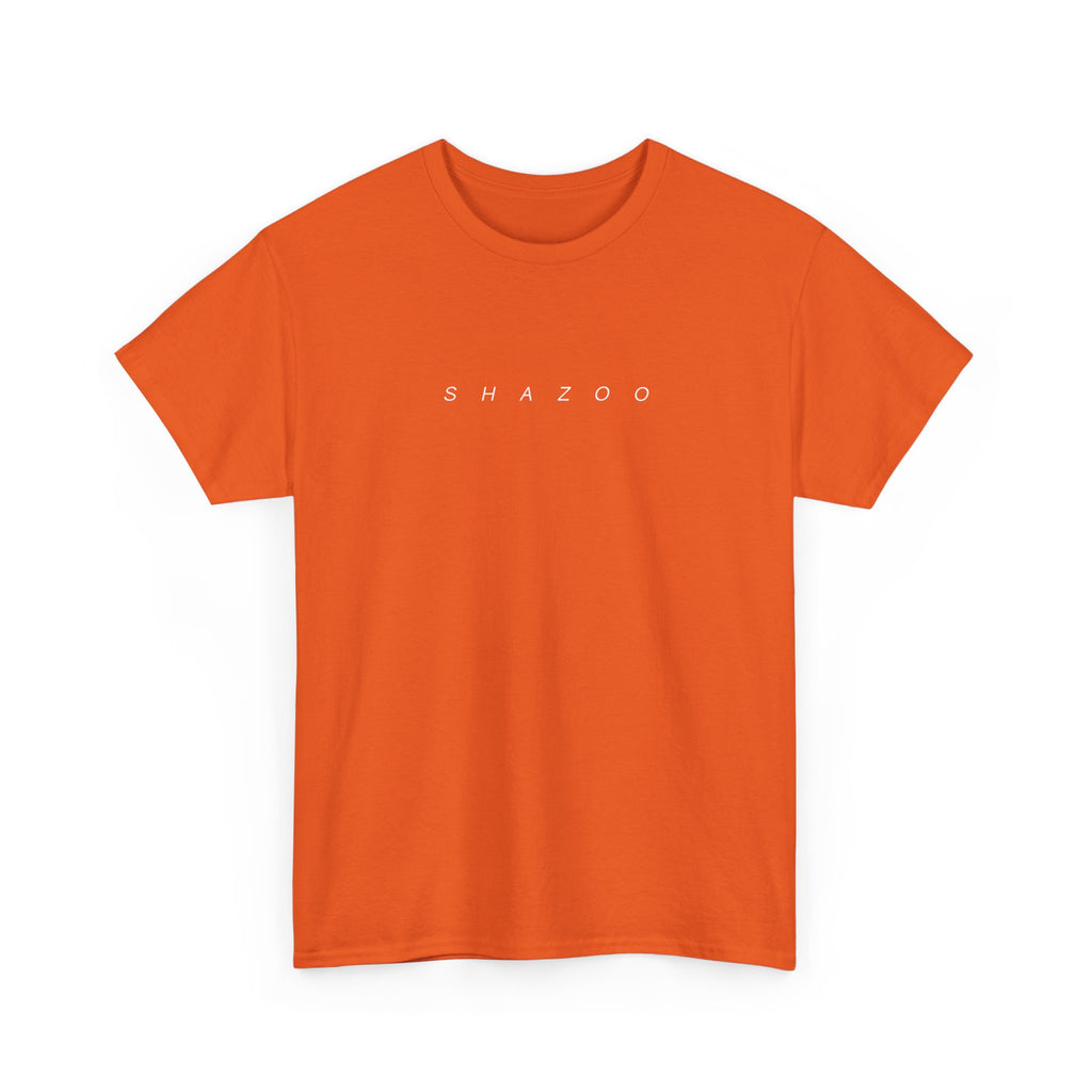 Orange t-shirt with 'SHAZZOO' text on a white background