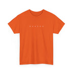 Orange t-shirt with 'SHAZZOO' text on a white background