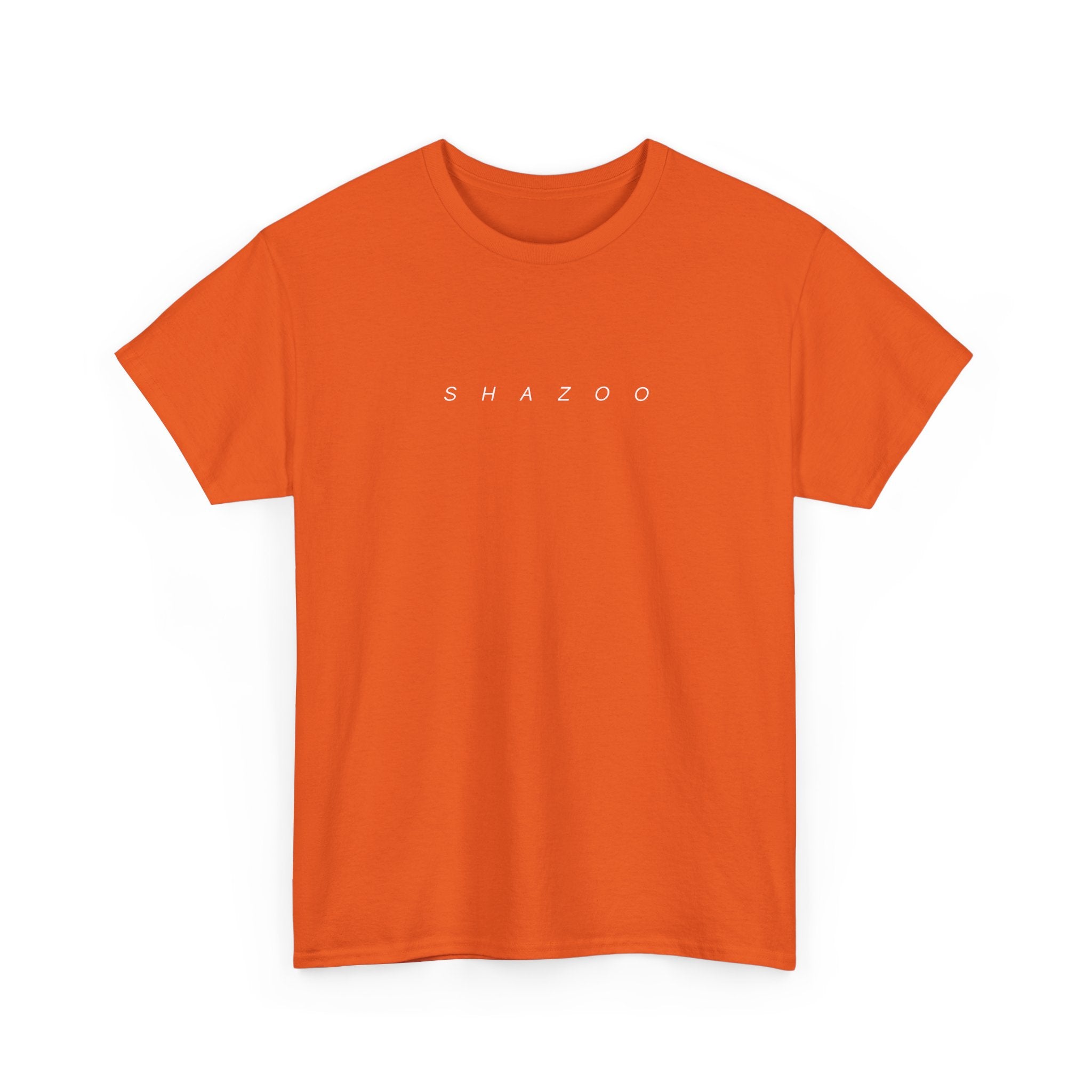 Orange t-shirt with 'SHAZZOO' text on a white background