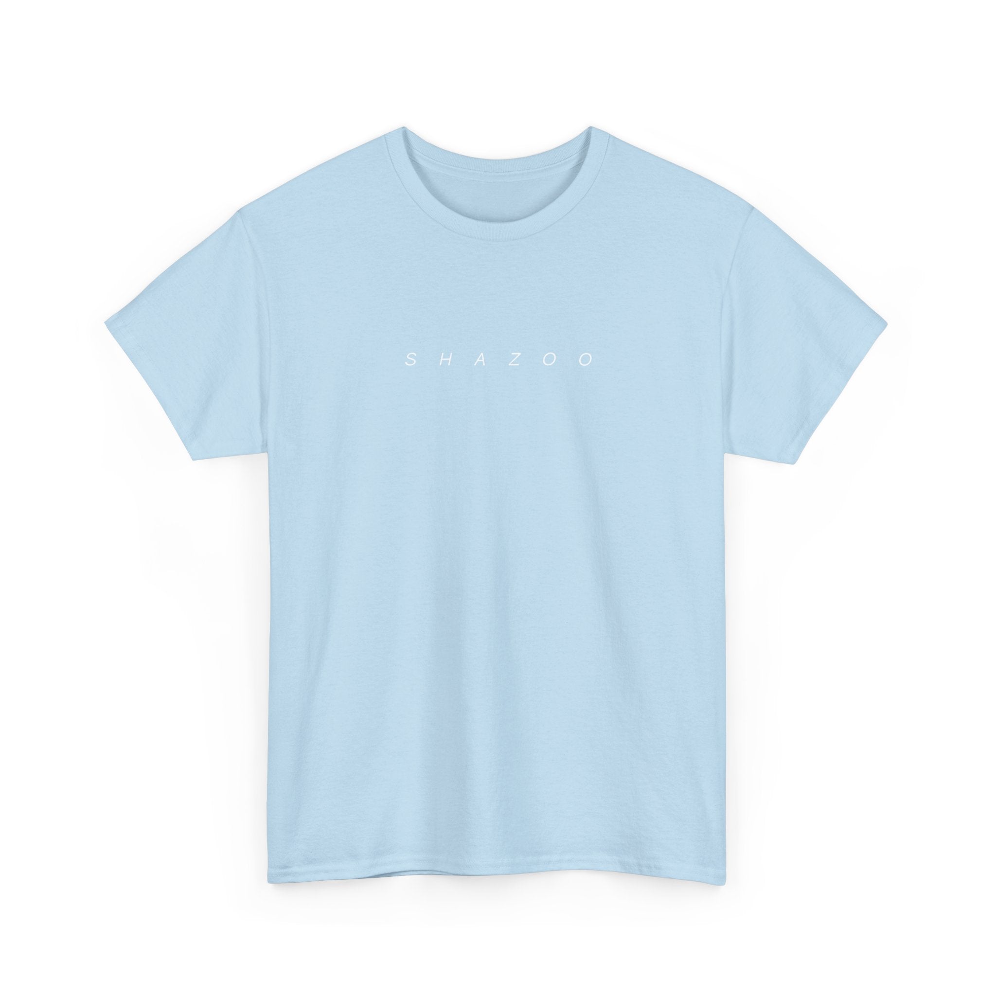 Light blue t-shirt with 'SHAZZQ' text on a white background