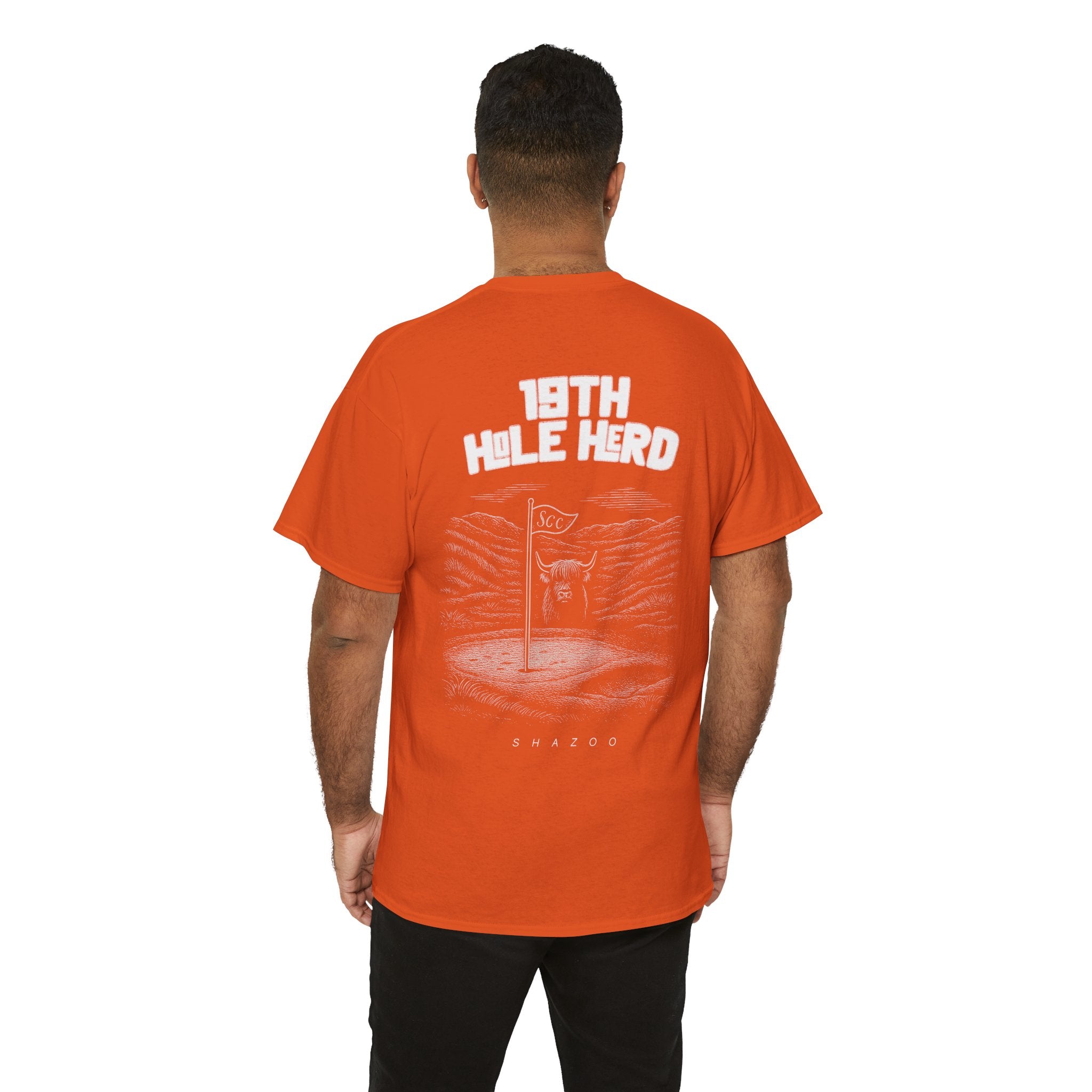 Person wearing an orange t-shirt with '18th Hole Hero' design on the back, on a white background