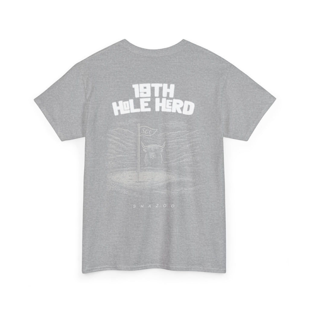 Gray t-shirt with '18th Hole Herd' text on the back against a white background