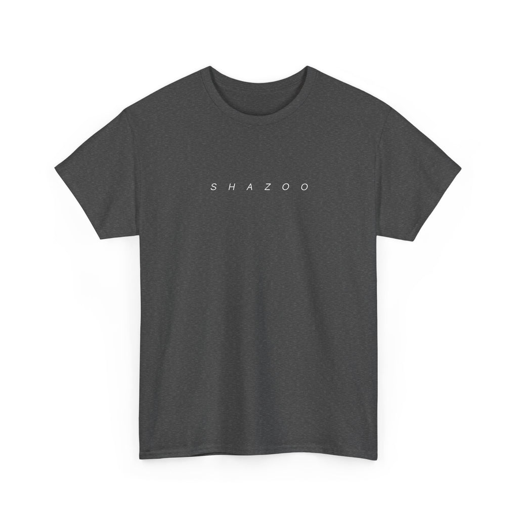 Dark gray t-shirt with 'SHAZOO' text on a white background