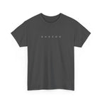 Dark gray t-shirt with 'SHAZOO' text on a white background