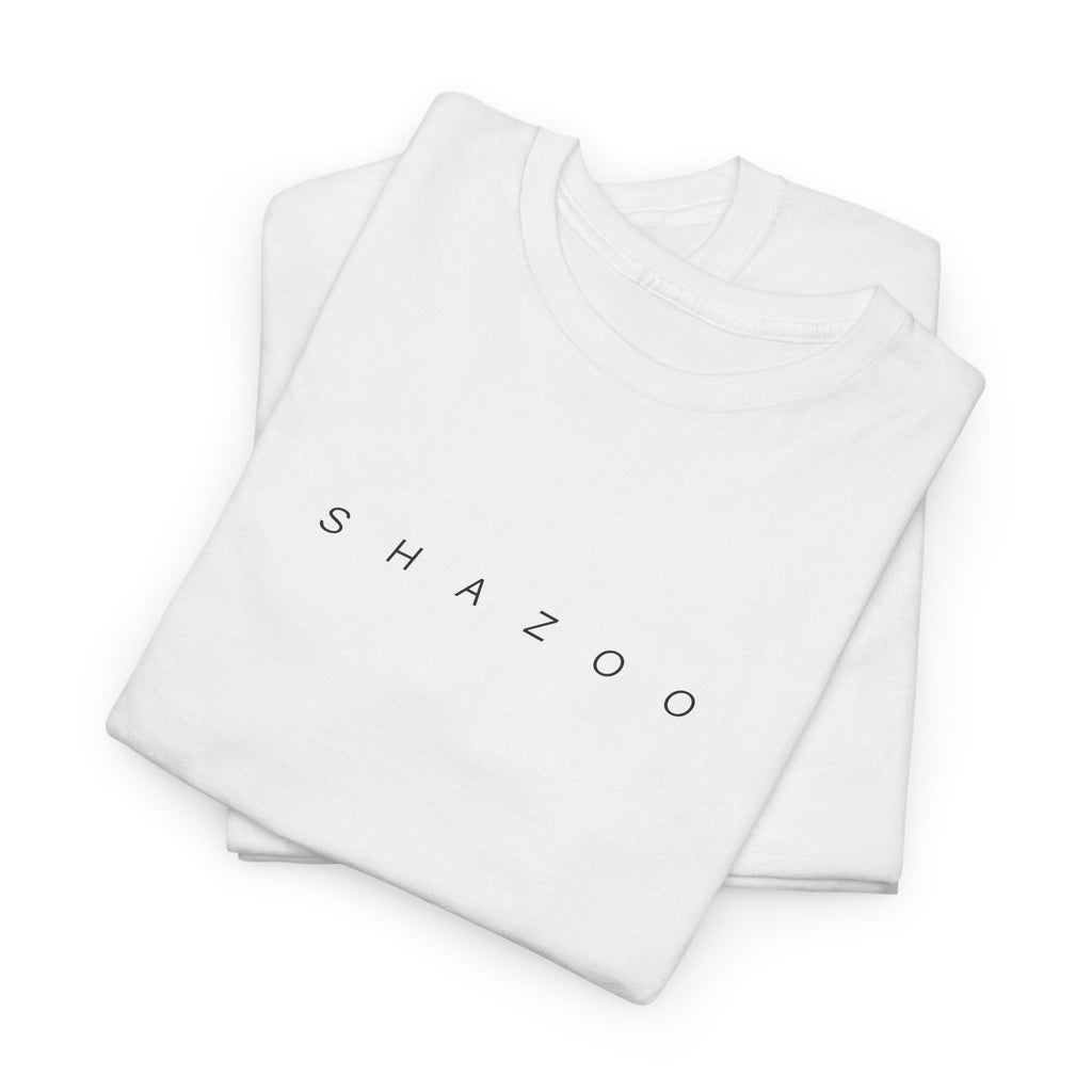 Stack of white shirts with 'SHAZOO' branding on a white background