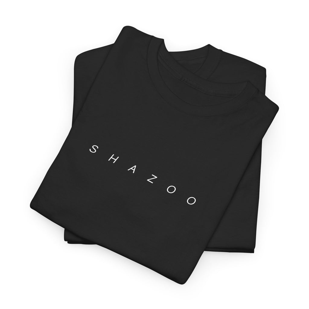 Folded black t-shirt with 'SHAZOO' text on a white background
