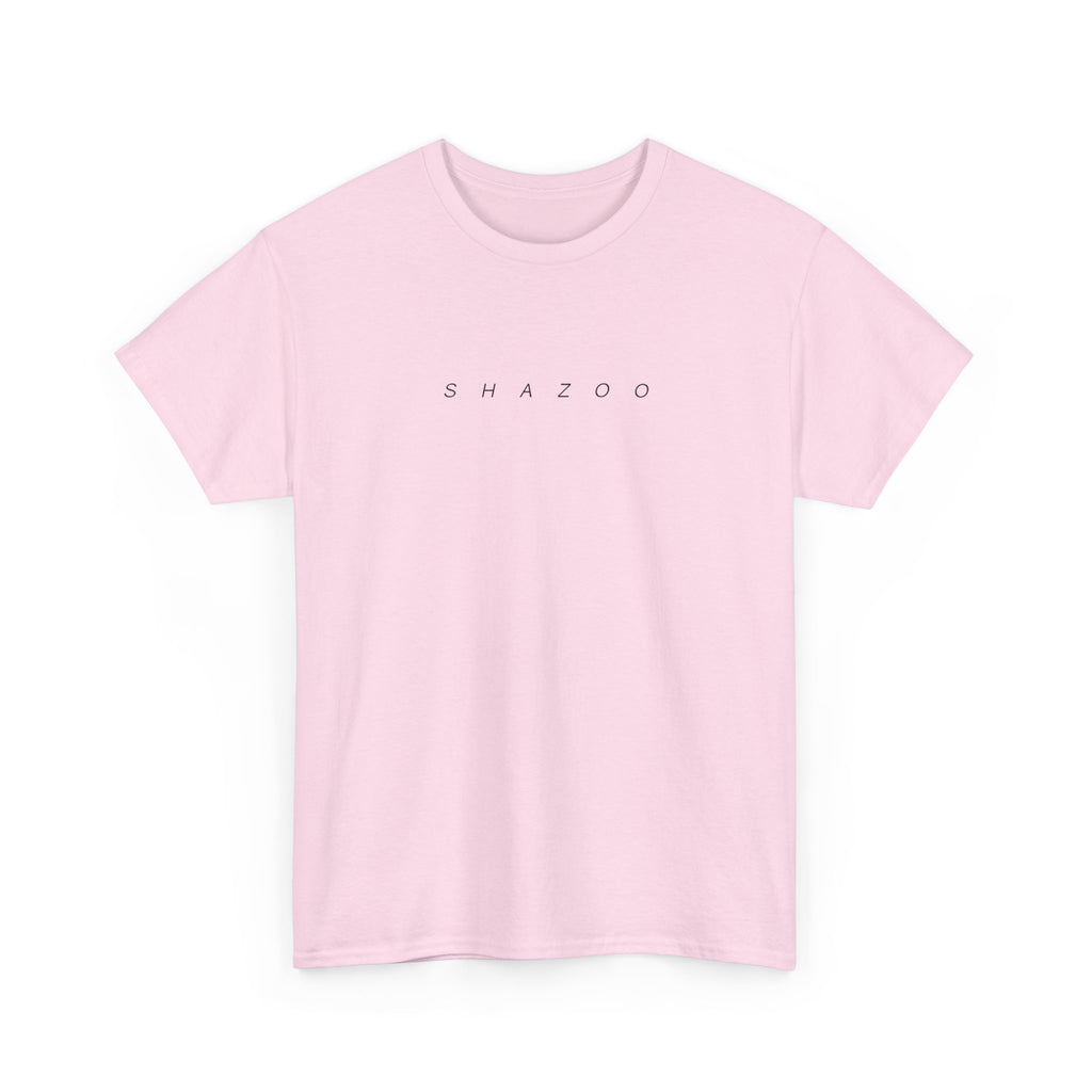 Pink t-shirt with 'SHAZOO' text on a white background