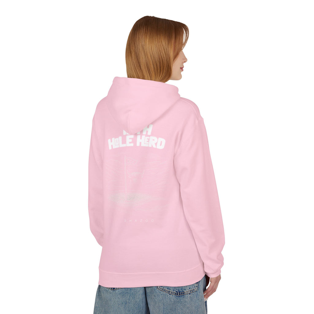 Person wearing a pink hoodie with '19th hole herd' branding on the back, standing against a white background.