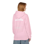 Person wearing a pink hoodie with '19th hole herd' branding on the back, standing against a white background.