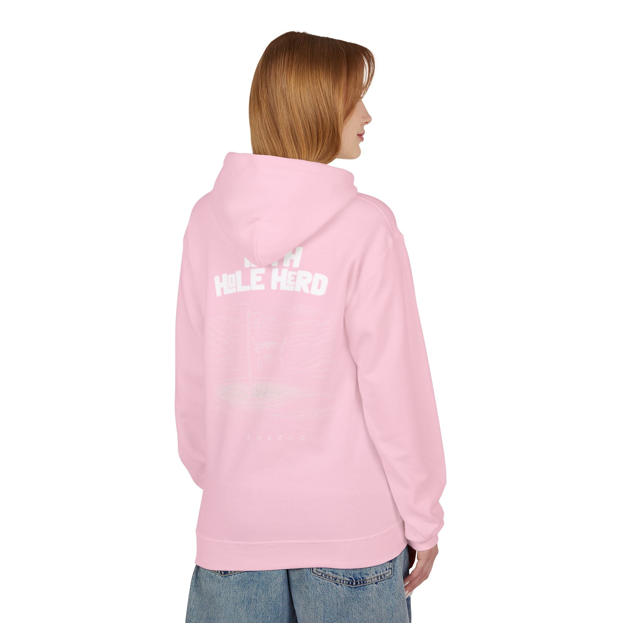 Person wearing a pink hoodie with '19th hole herd' branding on the back, standing against a white background.