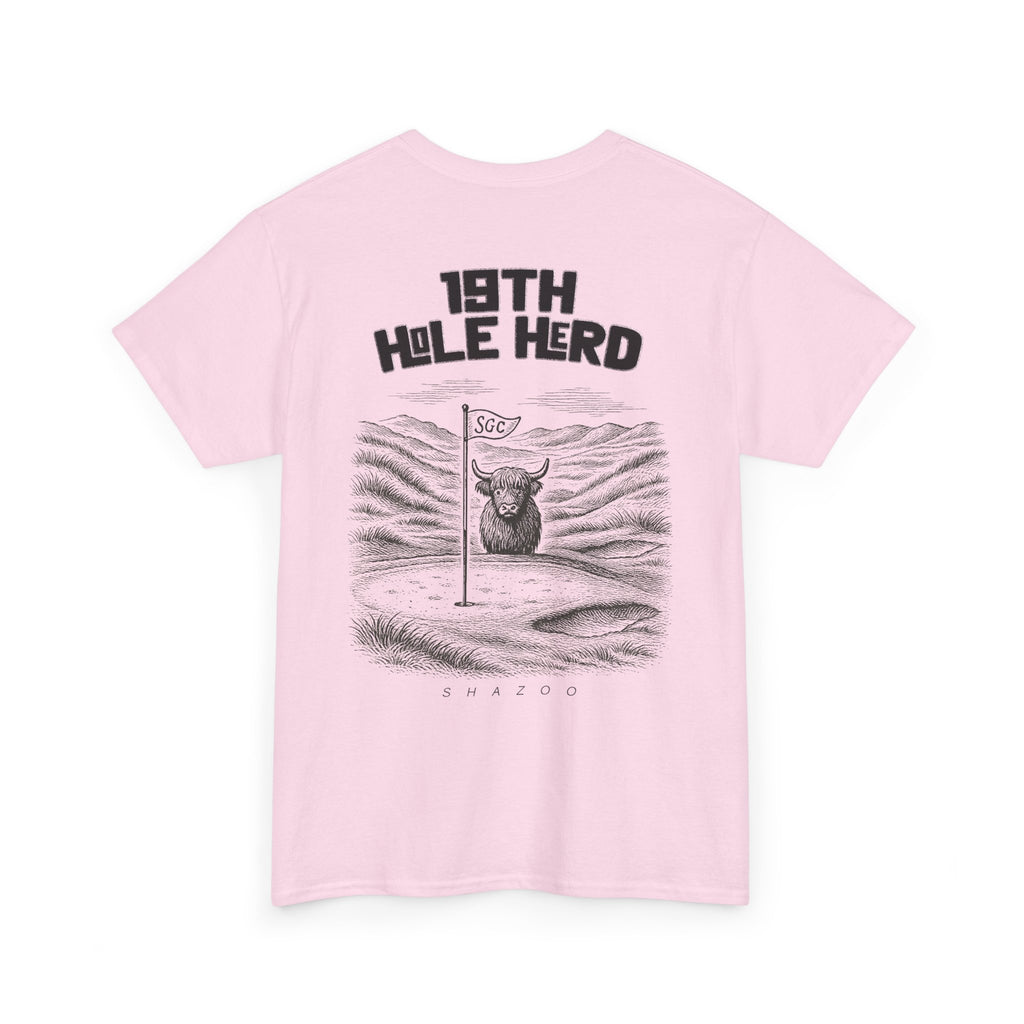 Pink t-shirt with graphic design and text on a white background